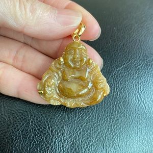 14K Solid Real Yellow Gold Carved Natural Red Jade Male Laughing Buddha Pendant